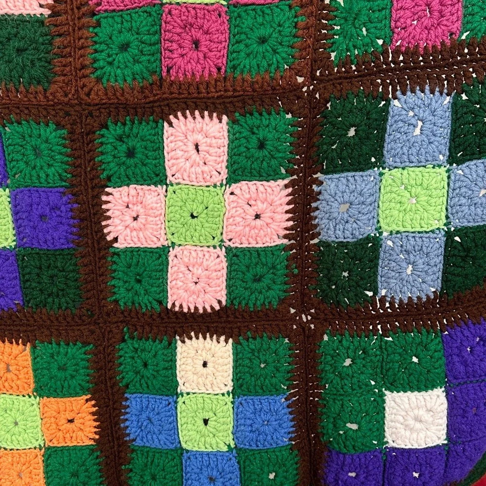 VTG 70s Granny‎ Square Crochet Blanket Throw Cottagecore Boho Handmade 42x42